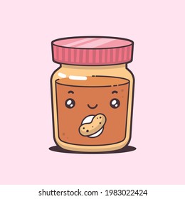 Cute kawaii peanut butter jar mascot cartoon character vector illustration