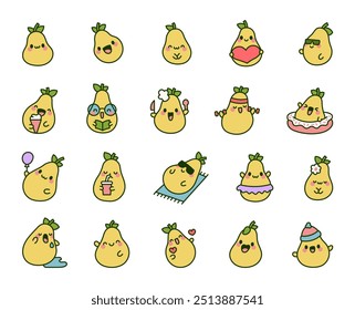 Cute kawaii pear. Adorable fruit character. Hand drawn style. Vector drawing. Collection of design elements.