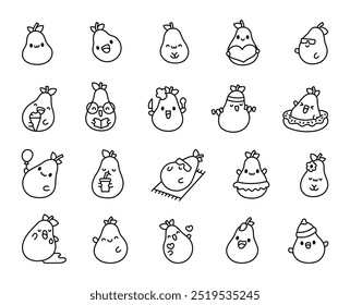 Cute kawaii pear. Coloring Page. Adorable fruit character. Hand drawn style.