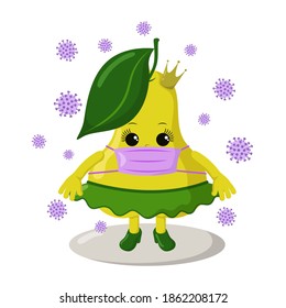 Cute kawaii pear girl with crown, skirt and medical mask surrounded by viruses. Colored isolated natural vector illustration in flat design with shadows