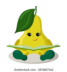 Cute kawaii pear reading book in doodle style with shadows. Isolated colored funny fruit cartoon vector illustration	