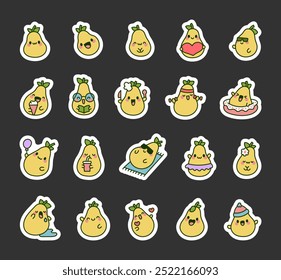 Cute kawaii pear. Sticker Bookmark. Adorable fruit character. Hand drawn style. Vector drawing. Collection of design elements.