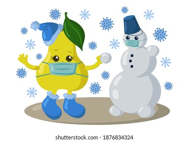 Cute kawaii pear with winter shoes, warm hat and medical protective face mask making a snowman surrounded by snowflakes and viruses. Colored isolated vector illustration in flat design with shadows	