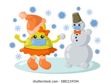 Cute kawaii pear with winter shoes, warm hat and medical protective face mask making a snowman surrounded by snowflakes and viruses. Colored isolated vector illustration in flat design with shadows	