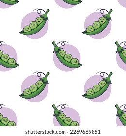 Cute Kawaii Peas seamless pattern in doodle style. Vector hand drawn cartoon Pea pod illustration. Hand drawn Sketch of Peas. Pattern for kids clothes.