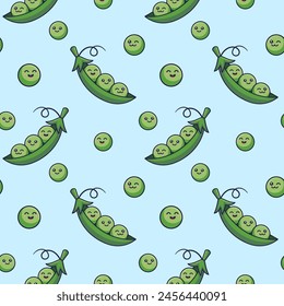 Cute Kawaii Peas seamless pattern in doodle style. Vector hand drawn cartoon Pea pod illustration. Hand drawn Sketch of Peas. Pattern for kids clothes.