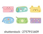 Cute kawaii pencil case and pouch collection with cat and star design flat vector