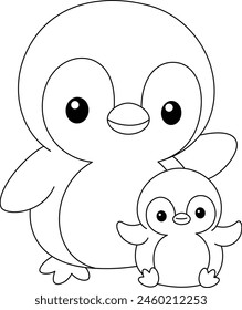 Cute kawaii penguin and baby cartoon character coloring page vector illustration. Wild animal, mothers day colouring page for kids