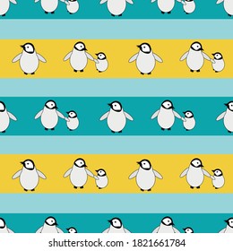 Cute Kawaii penguin baby vector seamless pattern background. Rows of adorable cartoon emperor chicks holding wings on yellow aqua blue striped backdrop. Hand drawn geometric all over print.