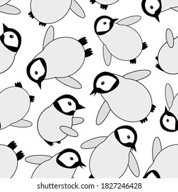 Cute Kawaii penguin baby vector seamless pattern background. Scattered adorable cartoon emperor chicks on antarctic white backdrop. Hand drawn winter themed design. Repeat for children products