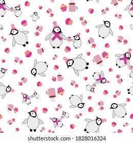 Cute Kawaii penguin baby vector seamless pattern background. Scattered cartoon emperor chicks with pink hats, scarves, mugs, cupcakes on white backdrop. Hand drawn design. Repeat for children products
