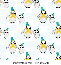 Cute Kawaii penguin baby vector seamless pattern background. Pairs of cartoon emperor chicks with blue hats, yellow scarves standing on cloud on white backdrop. Winter concept all over print for kids