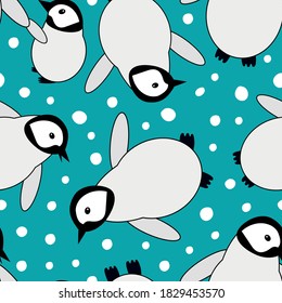Cute Kawaii penguin baby vector seamless pattern background. Scattered adorable cartoon emperor chicks playing with snowballs on aqua blue backdrop. Hand drawn winter all over print for children