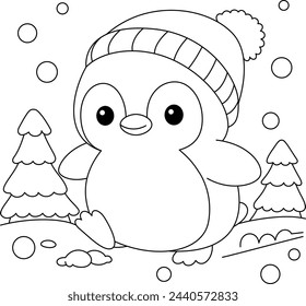 Cute Kawaii Penguin Cartoon Character Coloring Page Vector Illustration