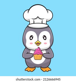 cute kawaii penguin with chef hat holding cup cake vector illustration