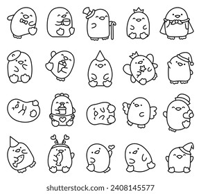 Cute kawaii penguin. Coloring Page. Beautiful animals cartoon character. Hand drawn style. Vector drawing. Collection of design elements.