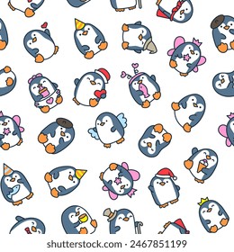 Cute kawaii penguin. Seamless pattern. Beautiful animals cartoon character. Hand drawn style. Vector drawing. Design ornaments.