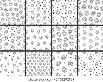 Cute kawaii penguin. Seamless pattern. Coloring Page. Cartoon funny animals character. Hand drawn style. Vector drawing. Collection of design ornaments.