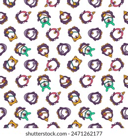 Cute kawaii penguin. Seamless pattern. Cartoon funny animals character. Hand drawn style. Vector drawing. Design ornaments.