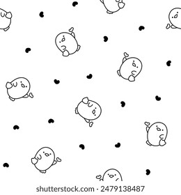 Cute kawaii penguin. Seamless pattern. Coloring Page. Beautiful animals cartoon character. Hand drawn style. Vector drawing. Design ornaments.