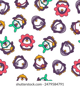 Cute kawaii penguin. Seamless pattern. Cartoon funny animals character. Hand drawn style. Vector drawing. Design ornaments.