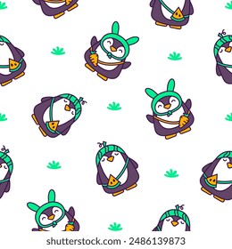Cute kawaii penguin. Seamless pattern. Cartoon funny animals character. Hand drawn style. Vector drawing. Design ornaments.