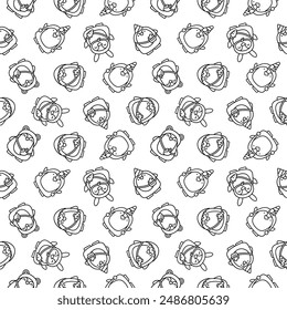 Cute kawaii penguin. Seamless pattern. Coloring Page. Cartoon funny animals character. Hand drawn style. Vector drawing. Design ornaments.