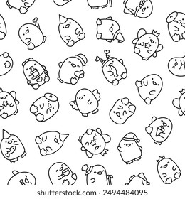 Cute kawaii penguin. Seamless pattern. Coloring Page. Beautiful animals cartoon character. Hand drawn style. Vector drawing. Design ornaments.