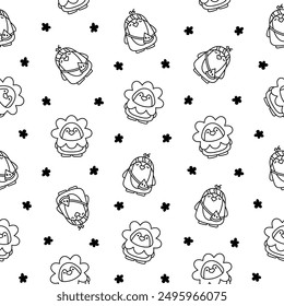 Cute kawaii penguin. Seamless pattern. Coloring Page. Cartoon funny animals character. Hand drawn style. Vector drawing. Design ornaments.