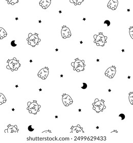 Cute kawaii penguin. Seamless pattern. Coloring Page. Beautiful animals cartoon character. Hand drawn style. Vector drawing. Design ornaments.