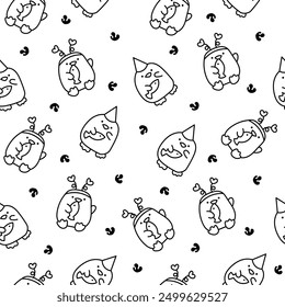 Cute kawaii penguin. Seamless pattern. Coloring Page. Beautiful animals cartoon character. Hand drawn style. Vector drawing. Design ornaments.