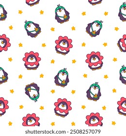 Cute kawaii penguin. Seamless pattern. Cartoon funny animals character. Hand drawn style. Vector drawing. Design ornaments.