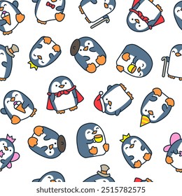 Pinguim kawaii bonito. Padrão contínuo. Personagem de desenhos animados de animais bonitos. Estilo desenhado à mão. Desenho vetorial. Desenhar ornamentos.