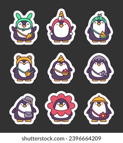 Cute kawaii penguin. Sticker Bookmark. Cartoon funny animals character. Hand drawn style. Vector drawing. Collection of design elements.