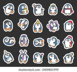 Cute kawaii penguin. Sticker Bookmark. Beautiful animals cartoon character. Hand drawn style. Vector drawing. Collection of design elements.