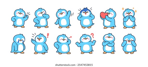 Cute kawaii penguins set. Happy, sad, shy, crying and love emotions, expressions. Adorable baby bird, animal characters with funny faces. Kids flat vector illustration isolated on white background