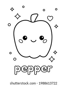 Cute kawaii pepper with face. Coloring page for preschool kids. Outline black and white vector illustration. Healthy food. Cartoon vegetables.