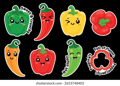 Cute kawaii pepper sticker set with sweet bell peppers and spicy chili peppers in vibrant colors on a black background Perfect for labels packaging kids crafts and digital use