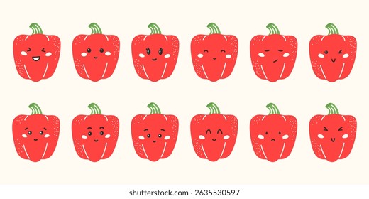 Cute kawaii pepper vector stickers with funny faces and emotions: happy, sad, angry, surprised. Flat characters for kids, education, and healthy eating designs