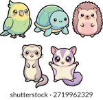 Cute kawaii pet vector collection featuring parrot, turtle, hedgehog, ferret, and sugar glider. Illustrated in Japanese chibi style, perfect for stickers, planners, social media, and children graphic designs.