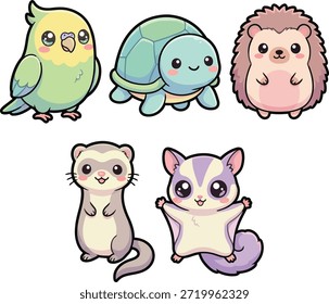 Cute kawaii pet vector collection featuring parrot, turtle, hedgehog, ferret, and sugar glider. Illustrated in Japanese chibi style, perfect for stickers, planners, social media, and children graphic designs.