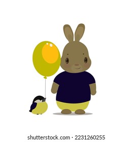 Cute kawaii pets, Little bird and rabbit with air balloon. Friends.