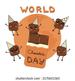 Cute kawaii piezas de personajes de chocolate celebran el Día Mundial del chocolate. Los emoticones de chocolate cubos de fiesta con sonrisas felices y saltos. Festividad del concepto de chocolate niños banner ilustración vectorial