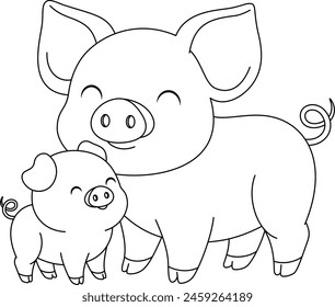 Cute kawaii pig and baby cartoon character coloring page vector illustration. Farm animal, mothers day colouring page for kids