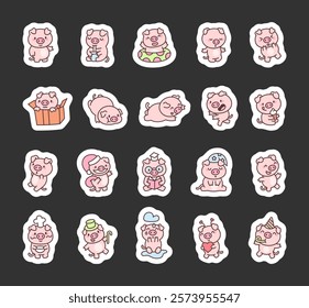 Cute kawaii pig cartoon character set with various emotions, joyful expressions, creative delightful poses, and animal themed designs for celebration and relaxation illustrations