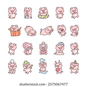 Cute kawaii pig cartoon character set with various emotions, joyful expressions, creative delightful poses, and animal themed designs for celebration and relaxation illustrations