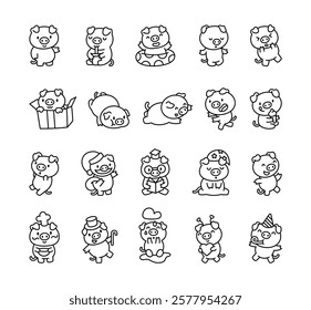 Cute kawaii pig cartoon character set with various emotions, joyful expressions, creative delightful poses, and animal themed designs for celebration and relaxation illustrations