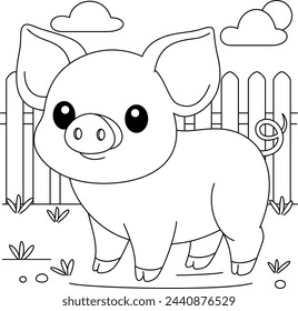 Cute Kawaii Pig in the Farm Cartoon Character Coloring Page Vector Illustration