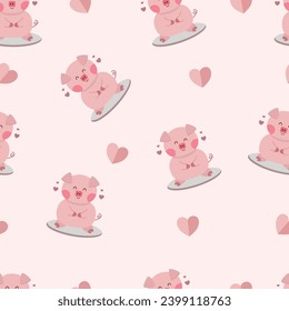 Cute kawaii pig and heart seamless pattern