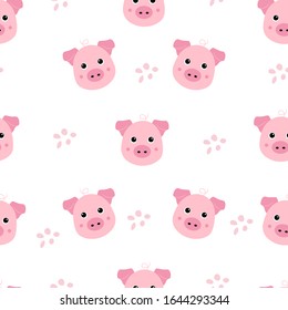 Cute kawaii pig pattern. Seamless background for baby kids print, textile, fabric. Funny domestic animal face design, pink pig head isolated on white, vector illustration